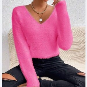 New V neck pink long sleeve sweater